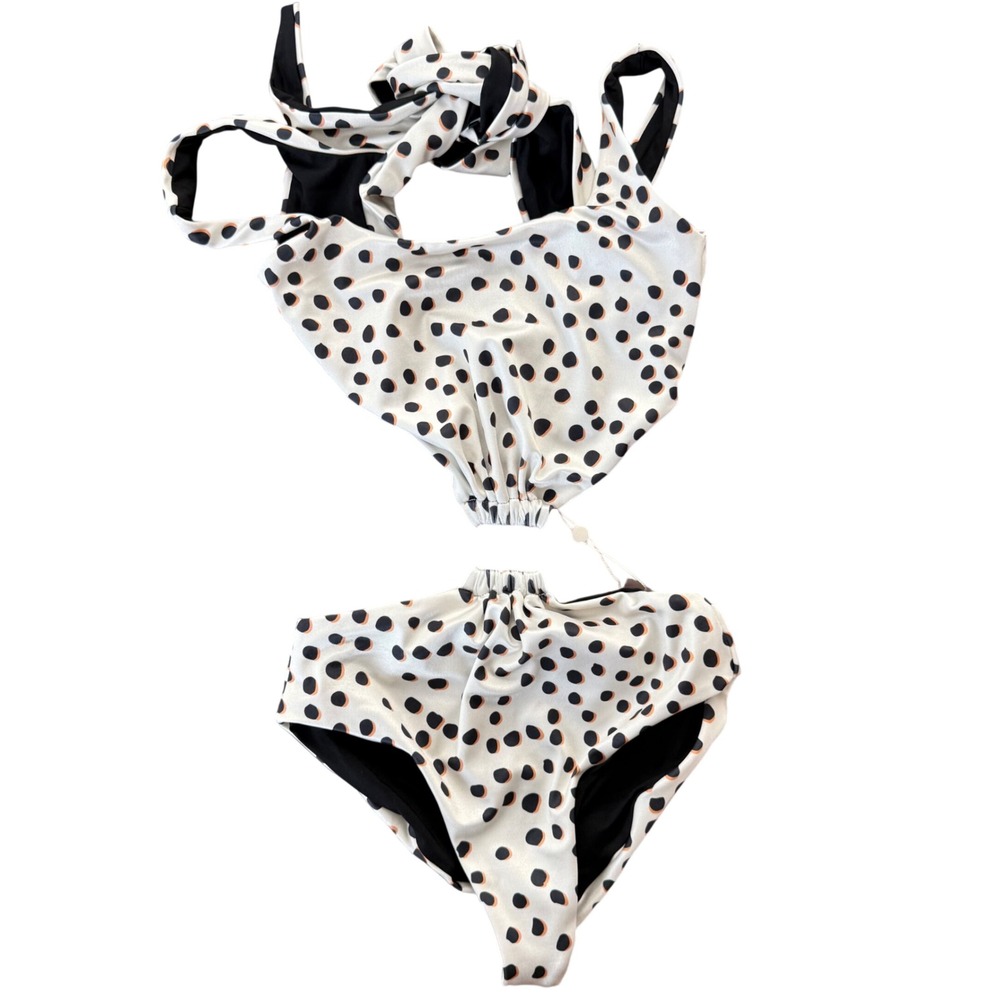 Azulu Tenerife Polka Dot Cutout One Piece Swimsuit White Black XS NEW